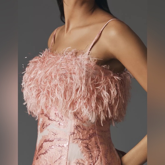 Anthropologie Strapless Feathered Metallic Mini Dress Pink Size XS - Picture 3 of 5